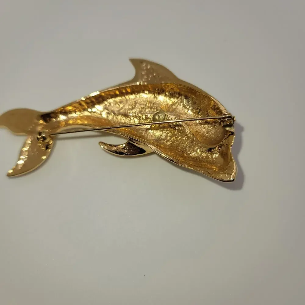 Vintage Gold-tone Dual Leaping Dolphins Trembler Baguette Round Rhinestones